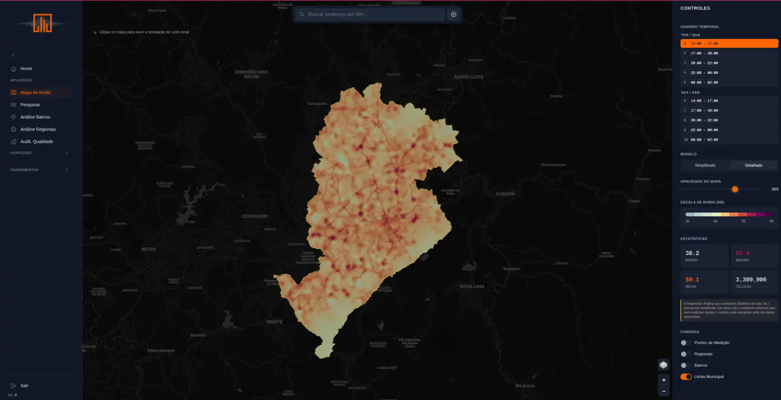 Mapa Acústico de Belo Horizonte — 331 km² em 10 cenários